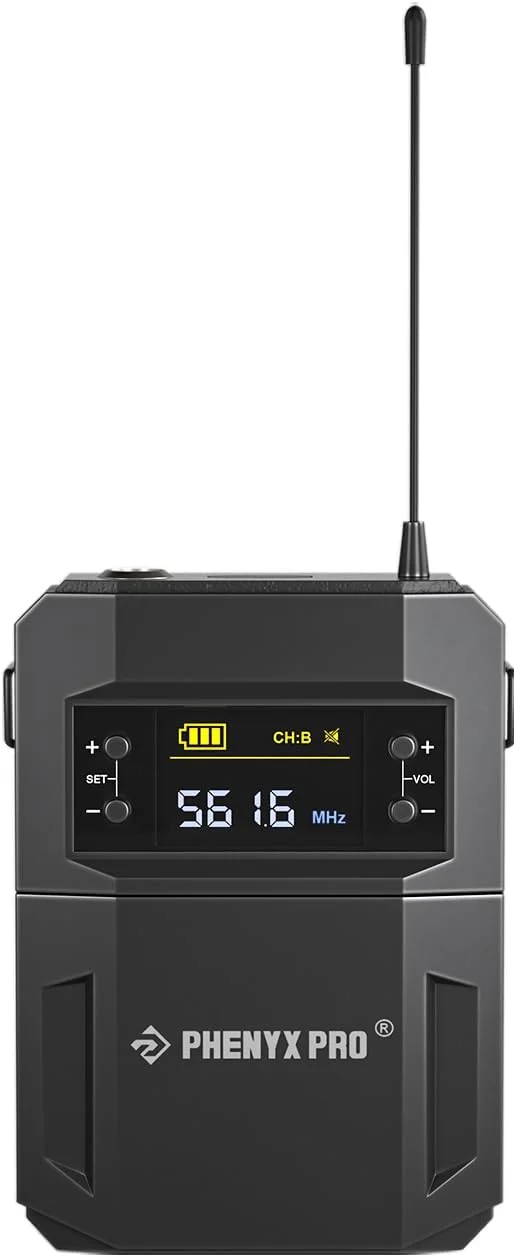 فرستنده بی‌سیم یقه ای Phenyx Pro PTU-52 UHF با جک XLR 3 پین و 30 فرکانس قابل انتخاب، سازگار با سیستم میکروفون بی‌سیم PTU-52