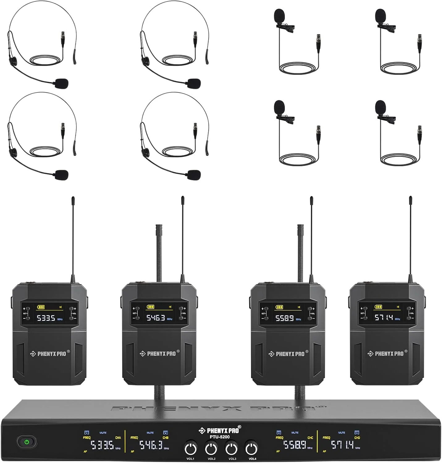 سیستم میکروفون بی سیم Phenyx Pro، ست میکروفون بی سیم 4 کاناله با 4 بادی‌پک و میکروفون‌های هدست/یقه ای، 4x25 فرکانس UHF، پوشش 200 فوتی، میکروفون بی‌سیم برای آواز، کلیسا (PTU-5200-4B)