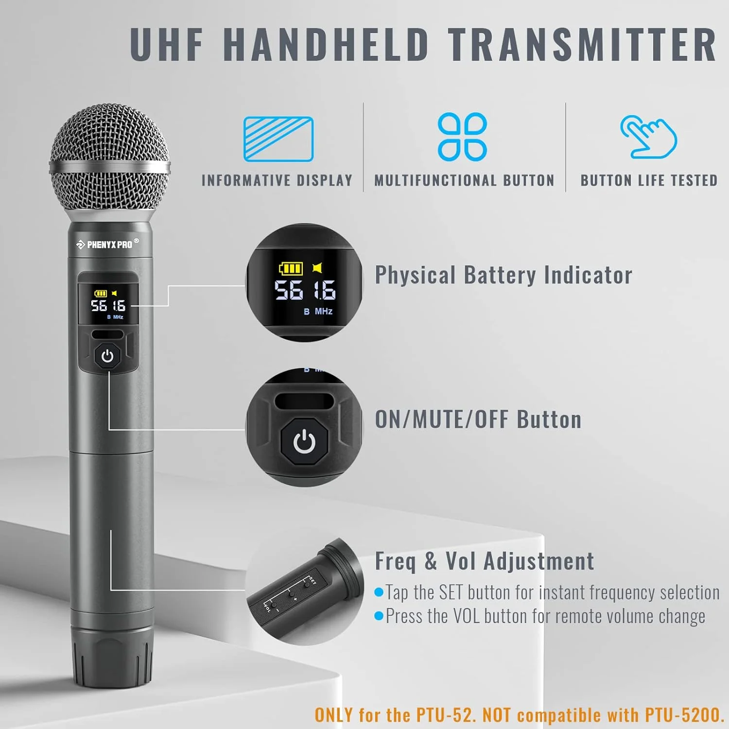 فرستنده میکروفون دستی بی سیم UHF Phenyx Pro PTU-52 با 30 فرکانس قابل انتخاب فرستنده میکروفون دستی بی سیم UHF Phenyx Pro PTU-52 با 30 فرکانس قابل انتخاب
