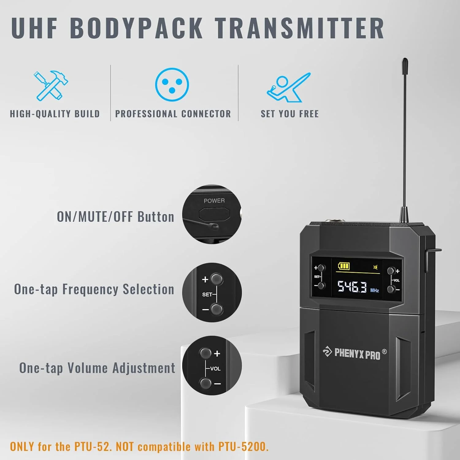 فرستنده بیسیم یقه ای Phenyx Pro PTU-52 UHF با جک XLR 3 پین و 30 فرکانس قابل انتخاب، سازگار با سیستم میکروفون بیسیم PTU-52 فرستنده بیسیم یقه ای Phenyx Pro PTU-52 UHF با جک XLR 3 پین و 30 فرکانس قابل انتخاب، سازگار با سیستم میکروفون بیسیم PTU-52