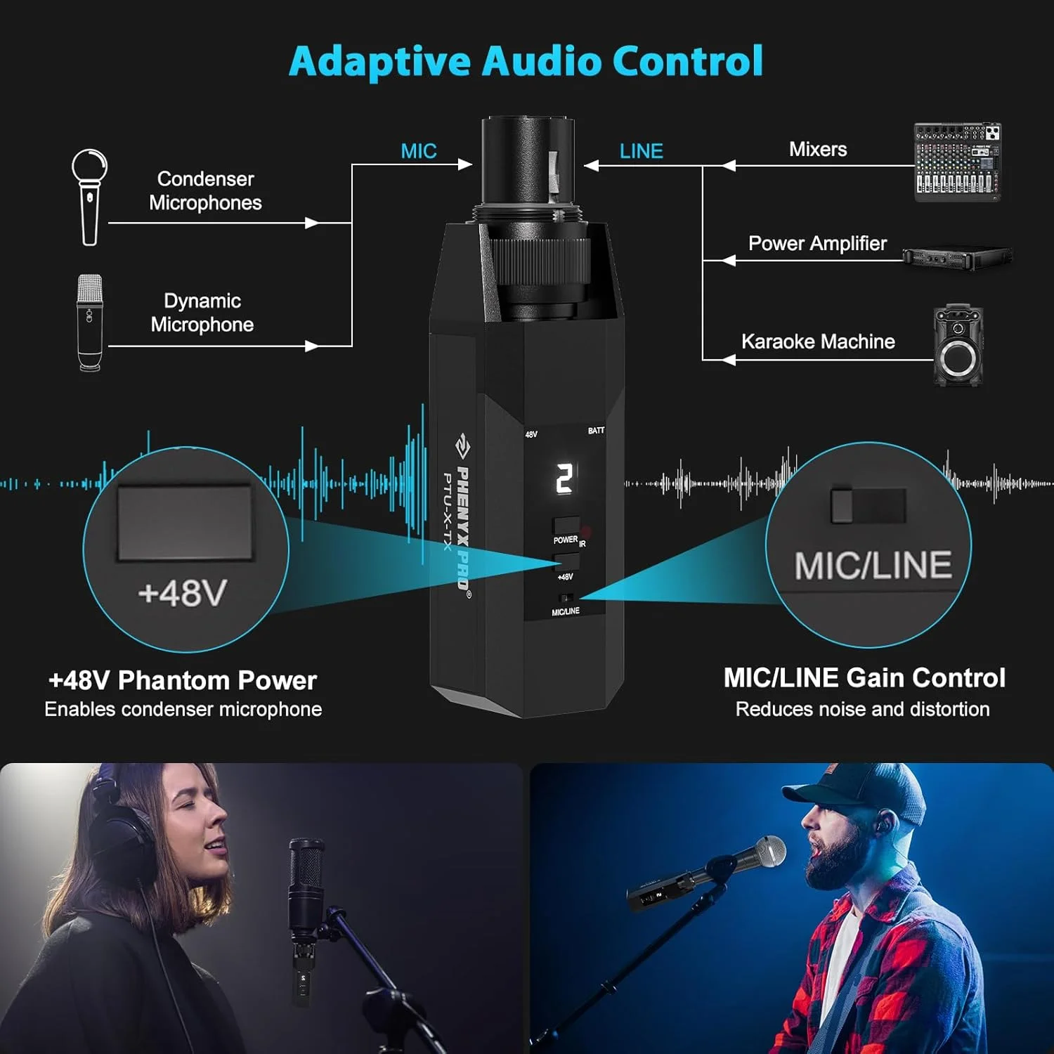 سیستم فرستنده و گیرنده بیسیم XLR پلاگین Phenyx Pro، سیستم میکروفون سیمی به بیسیم با 16 فرکانس UHF، آداپتور میکروفون XLR برای میکروفون دینامیک و کندانسر (PTU-X) سیستم فرستنده و گیرنده بیسیم XLR پلاگین Phenyx Pro، سیستم میکروفون سیمی به بیسیم با 16 فرکانس UHF، آداپتور میکروفون XLR برای میکروفون دینامیک و کندانسر (PTU-X)