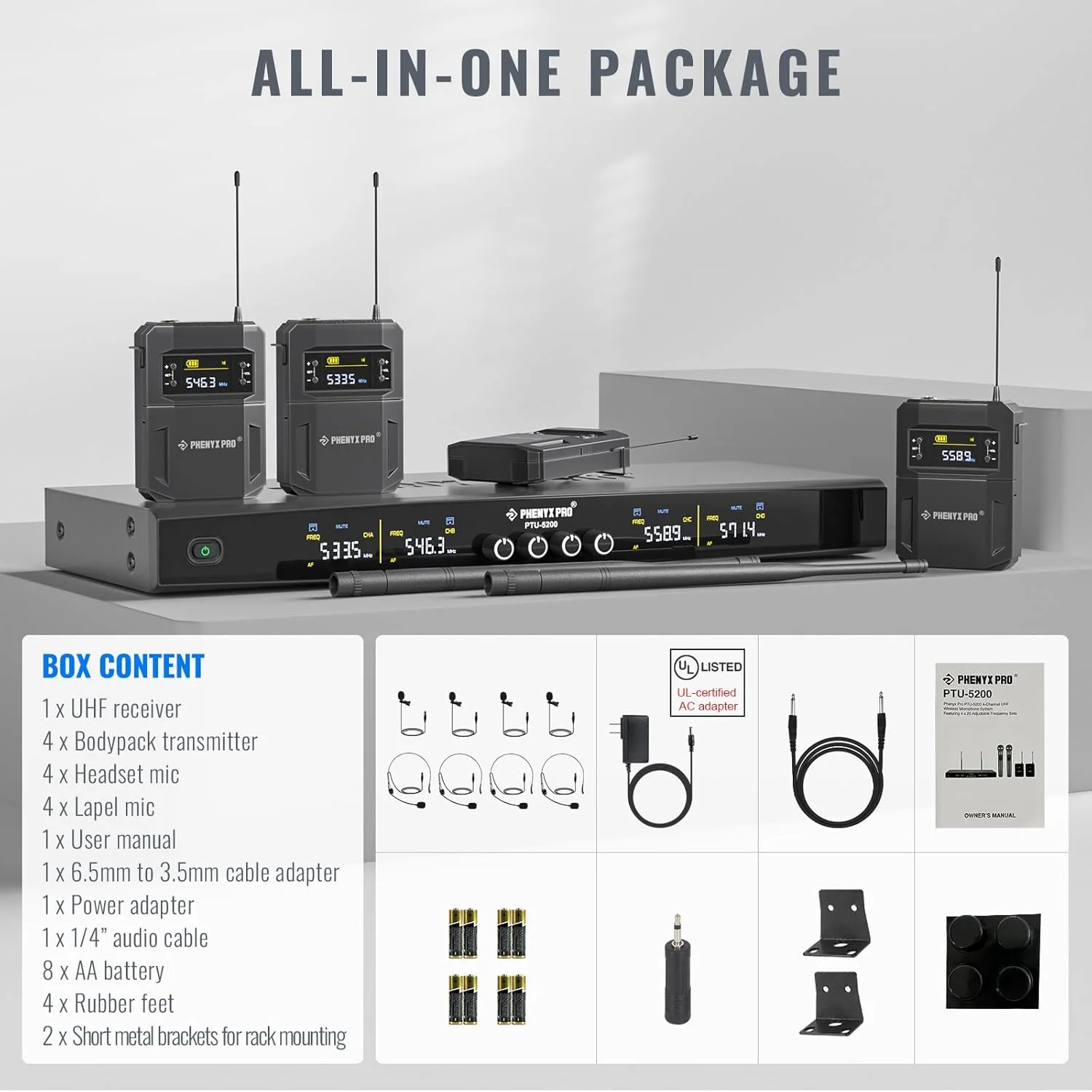 سیستم میکروفون بی سیم Phenyx Pro، ست میکروفون بی سیم 4 کاناله با 4 بادیپک و میکروفونهای هدست/یقه ای، 4x25 فرکانس UHF، پوشش 200 فوتی، میکروفون بیسیم برای آواز، کلیسا (PTU-5200-4B) سیستم میکروفون بی سیم Phenyx Pro، ست میکروفون بی سیم 4 کاناله با 4 بادیپک و میکروفونهای هدست/یقه ای، 4x25 فرکانس UHF، پوشش 200 فوتی، میکروفون بیسیم برای آواز، کلیسا (PTU-5200-4B)