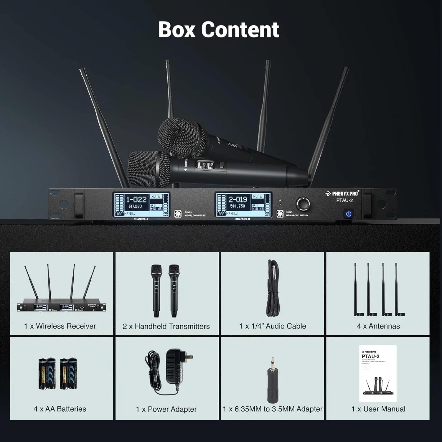 سیستم میکروفون بی سیم دو کاناله Phenyx Pro، میکروفون های دینامیک با قفل ID، سطح قدرت قابل تنظیم، اسکن خودکار، آنالایزر طیف، دستی بی سیم True Diversity برای آواز، دی جی، کارائوکه (PTAU-2) سیستم میکروفون بی سیم دو کاناله Phenyx Pro، میکروفون های دینامیک با قفل ID، سطح قدرت قابل تنظیم، اسکن خودکار، آنالایزر طیف، دستی بی سیم True Diversity برای آواز، دی جی، کارائوکه (PTAU-2)