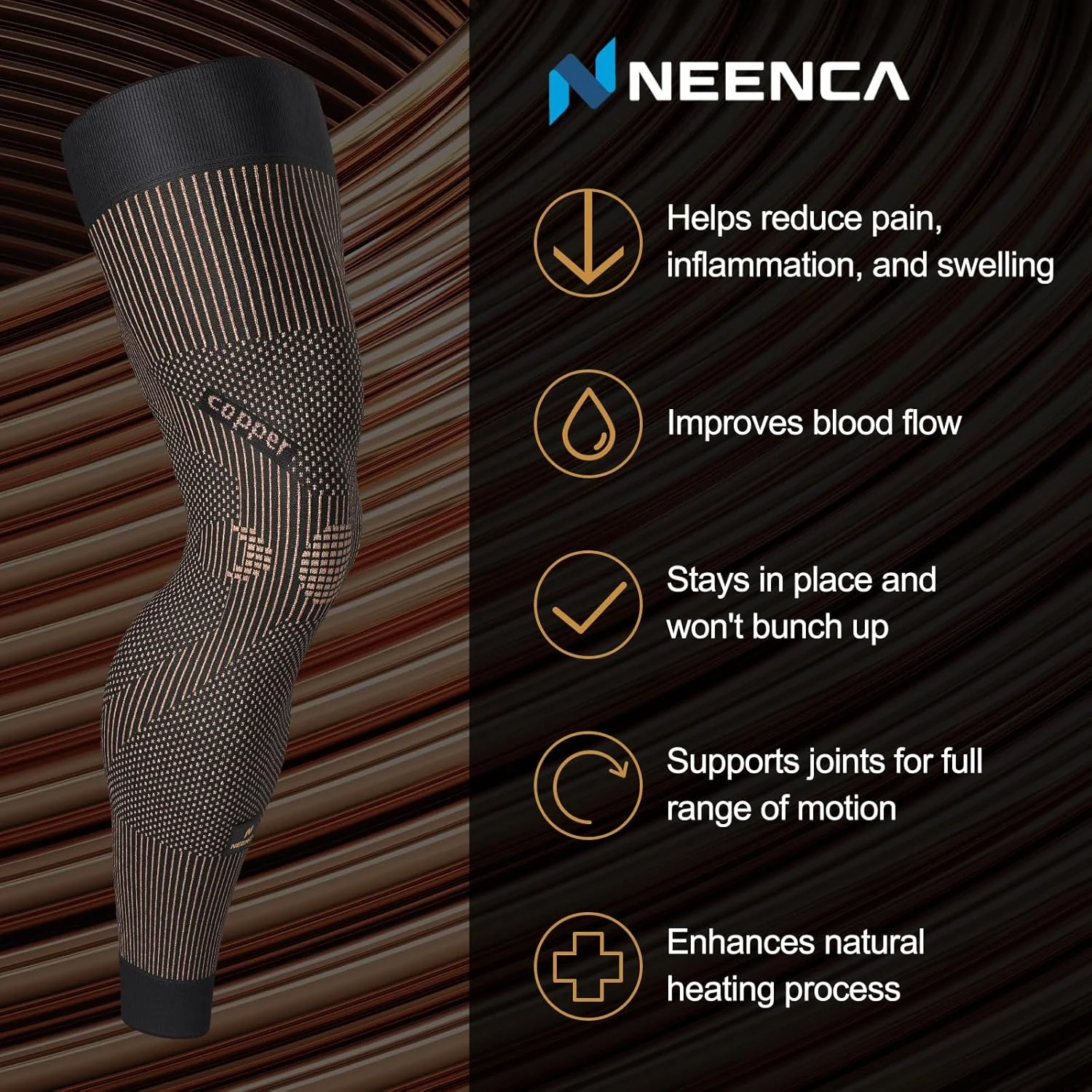 زانوبند ساق پا NEENCA برای درد زانو، آستین بلند ساق پا.. YHT002-US-Copper-L