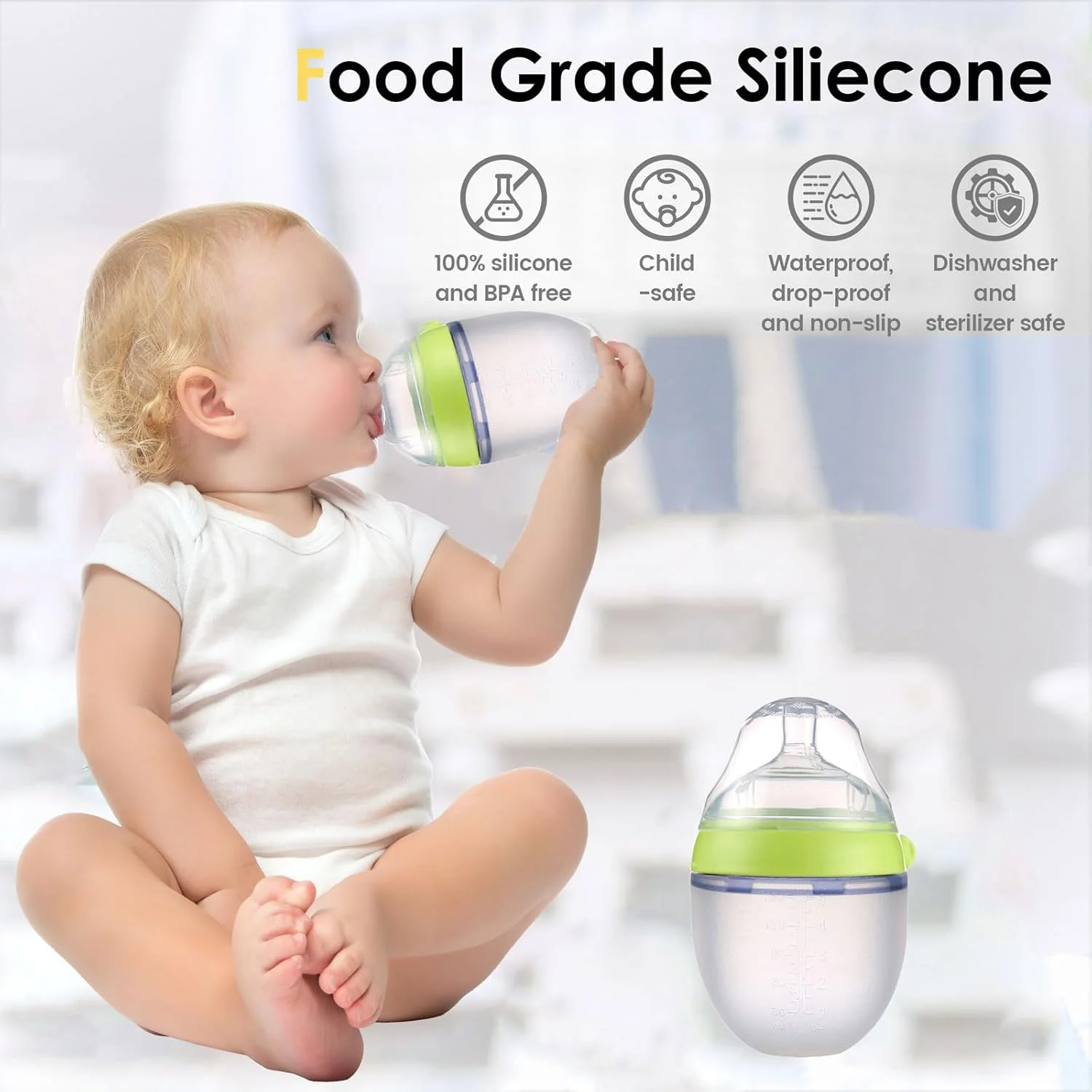 شیشه شیر ضد نفخ کودک Checkzed، شیشه شیر سیلیکونی نرم برای نوزادان، طراحی دهانه پهن، مناسب برای انتقال از شیر مادر به شیشه شیر، شیشه شیر سبز (150 میلی لیتر)