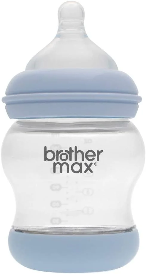 شیشه شیر نوزاد براذر مکس با سرشیشه سیلیکونی ضد چکه با حس طبیعی، دریچه ضد کولیک دوتایی و بدون BPA، مناسب نوزادان و کودکان تازه متولد شده، 160 میلی لیتر آبی (بسته 1 عددی)