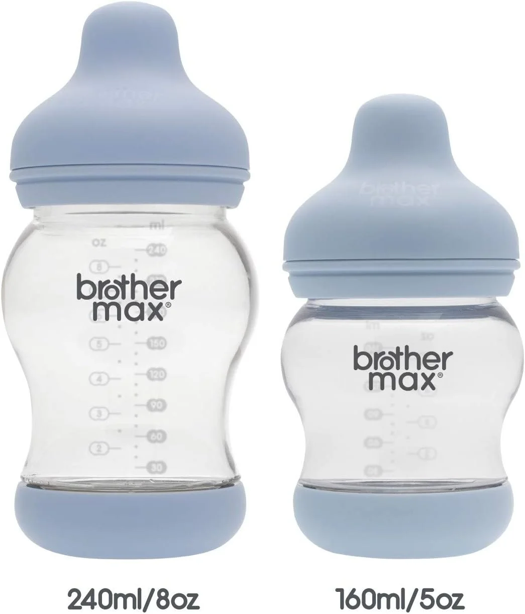 شیشه شیر نوزاد براذر مکس با سرشیشه سیلیکونی ضد چکه با حس طبیعی، دریچه ضد کولیک دوتایی و بدون BPA، مناسب نوزادان و کودکان تازه متولد شده، 160 میلی لیتر آبی (بسته 1 عددی)