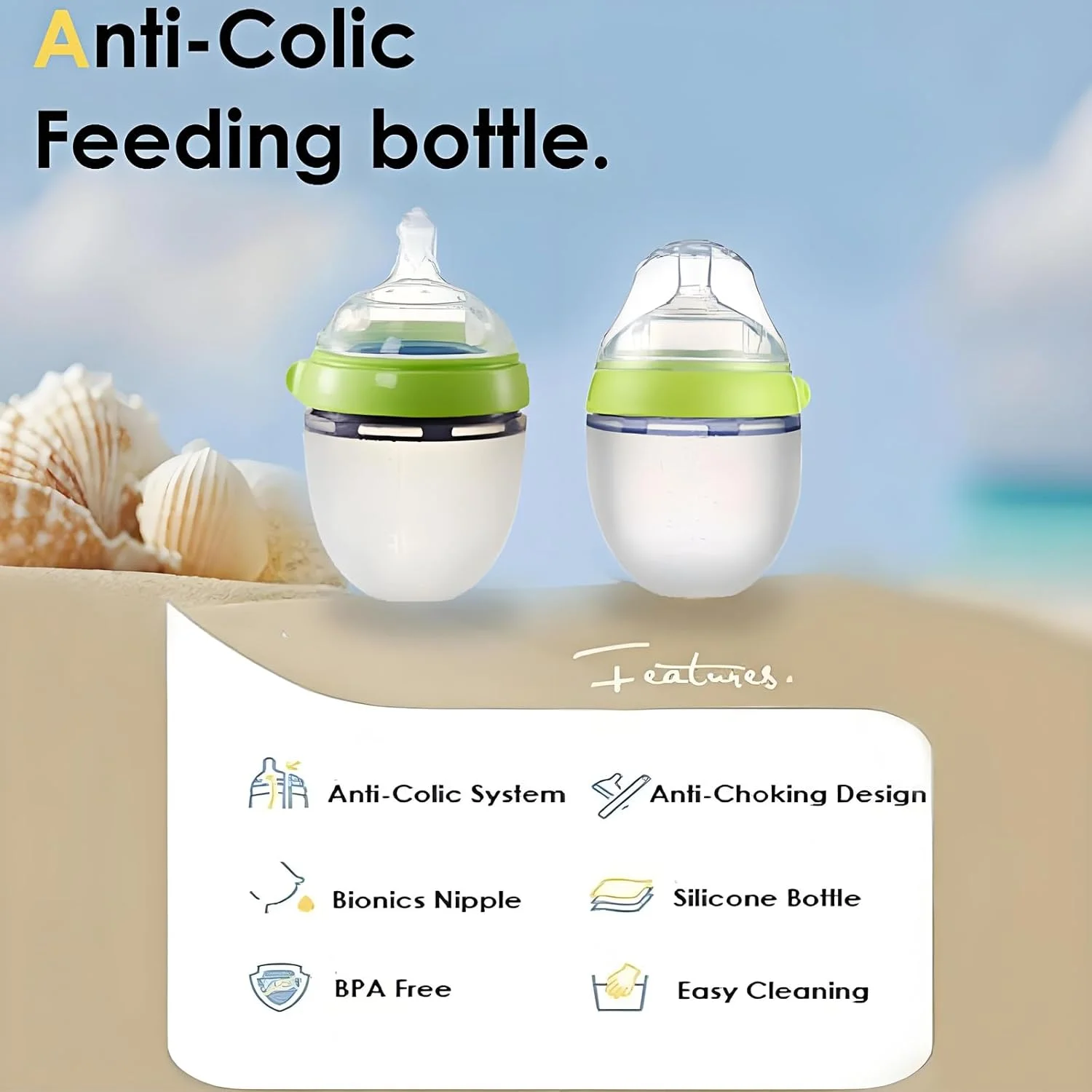 شیشه شیر ضد نفخ کودک Checkzed، شیشه شیر سیلیکونی نرم برای نوزادان، طراحی دهانه پهن، مناسب برای انتقال از شیر مادر به شیشه شیر، شیشه شیر سبز (150 میلی لیتر)