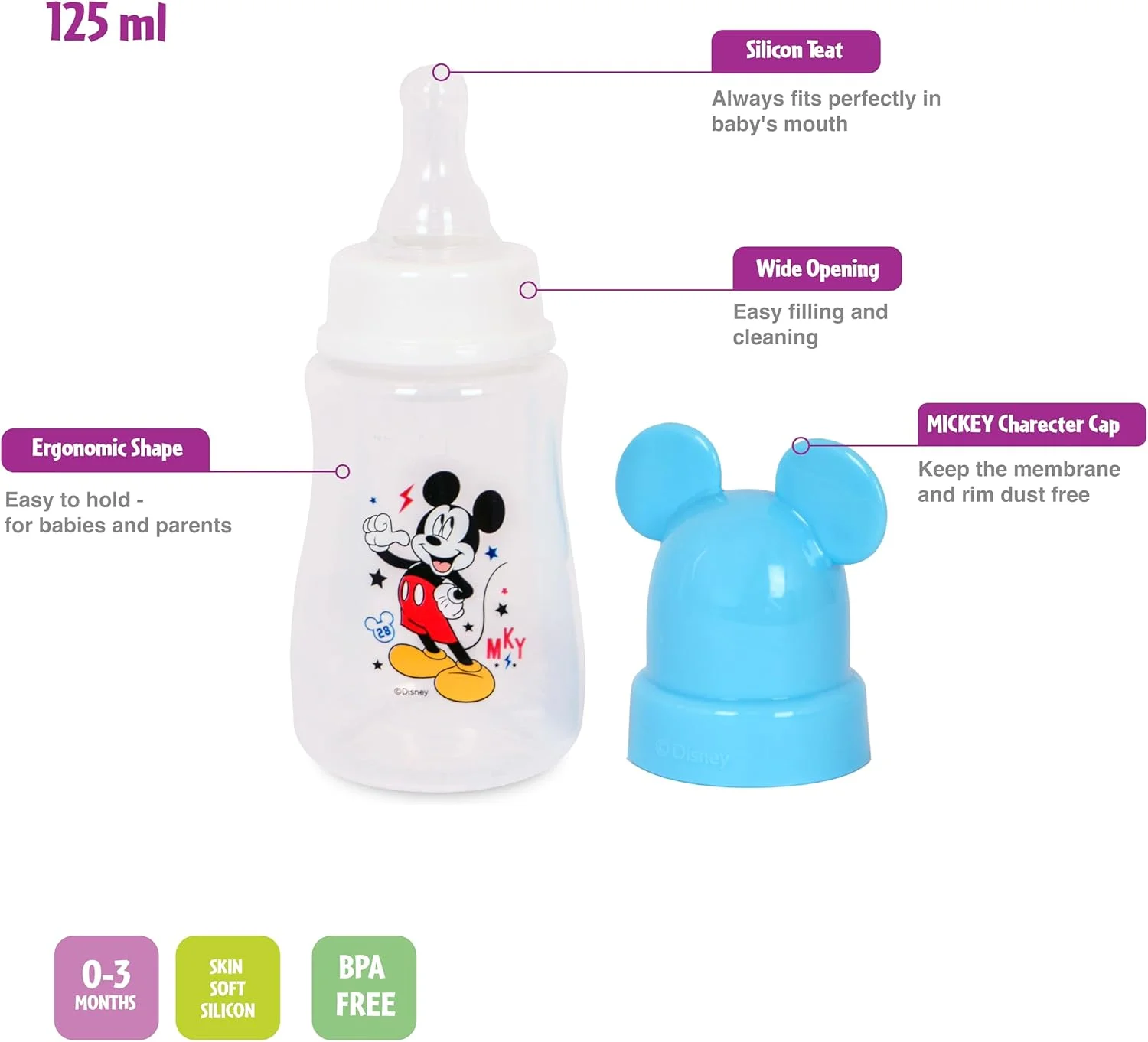 شیشه شیر کودک دیزنی میکی موس، 0 تا 3 ماه، 125 میلی لیتر