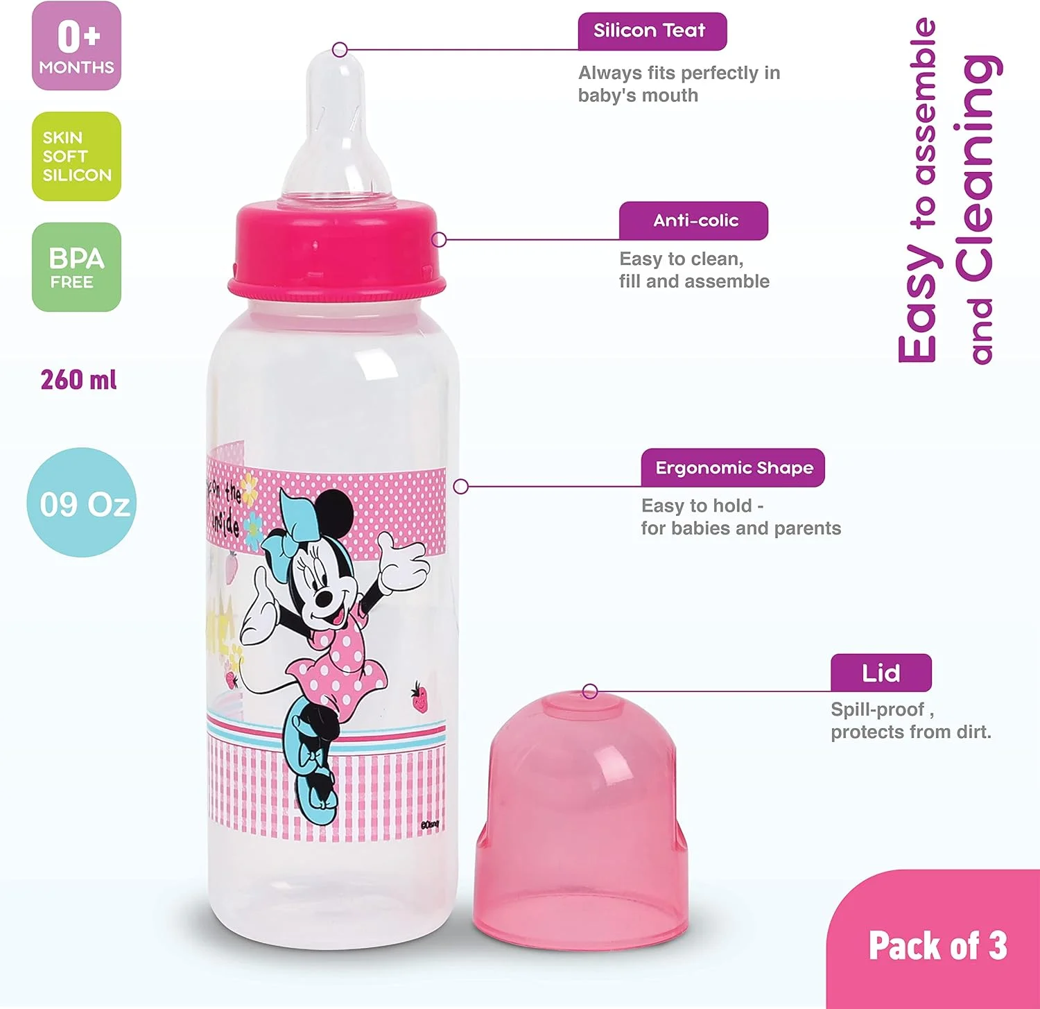 شیشه شیر کودک دیزنی مینی موس، بسته 3 عددی - شیشه شیر با جریان سریع به همراه سرشیشه سیلیکونی ضد چکه، تمیز کردن آسان، فاقد BPA، 250 میلی لیتر، 0+ ماه (محصول رسمی دیزنی)