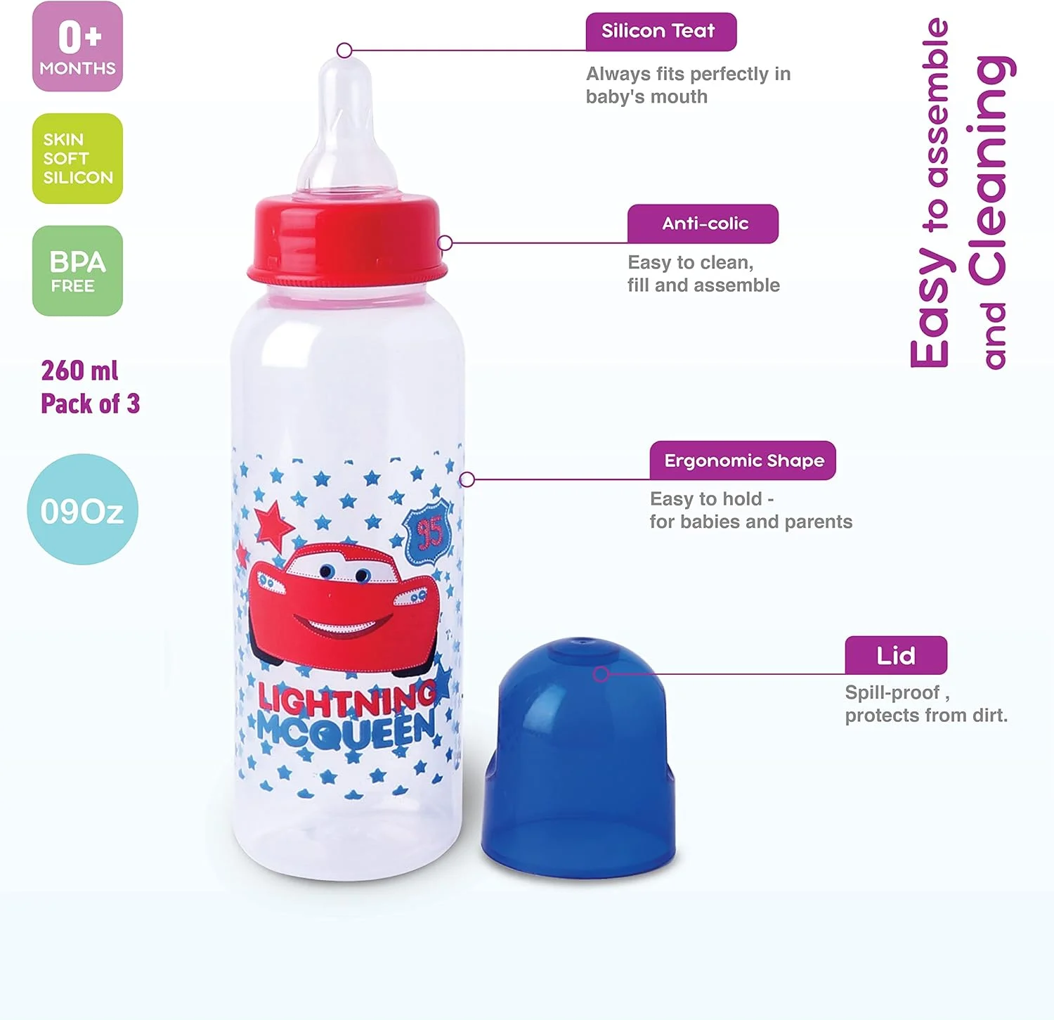 شیشه شیر کودک دیزنی طرح Cars، بدون BPA، 0+ ماه، بسته 3 عددی، 250 میلی لیتر، چند رنگ