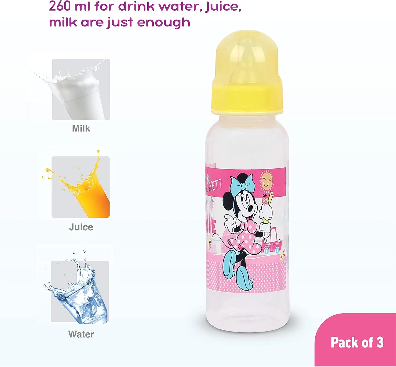 شیشه شیر کودک دیزنی مینی موس، بسته 3 عددی - شیشه شیر با جریان سریع به همراه سرشیشه سیلیکونی ضد چکه، تمیز کردن آسان، فاقد BPA، 250 میلی لیتر، 0+ ماه (محصول رسمی دیزنی)