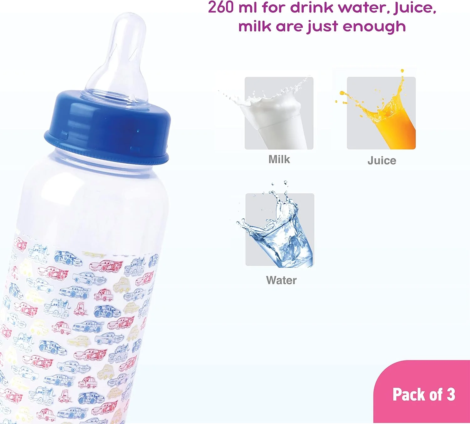 شیشه شیر کودک دیزنی طرح Cars، بدون BPA، 0+ ماه، بسته 3 عددی، 250 میلی لیتر، چند رنگ