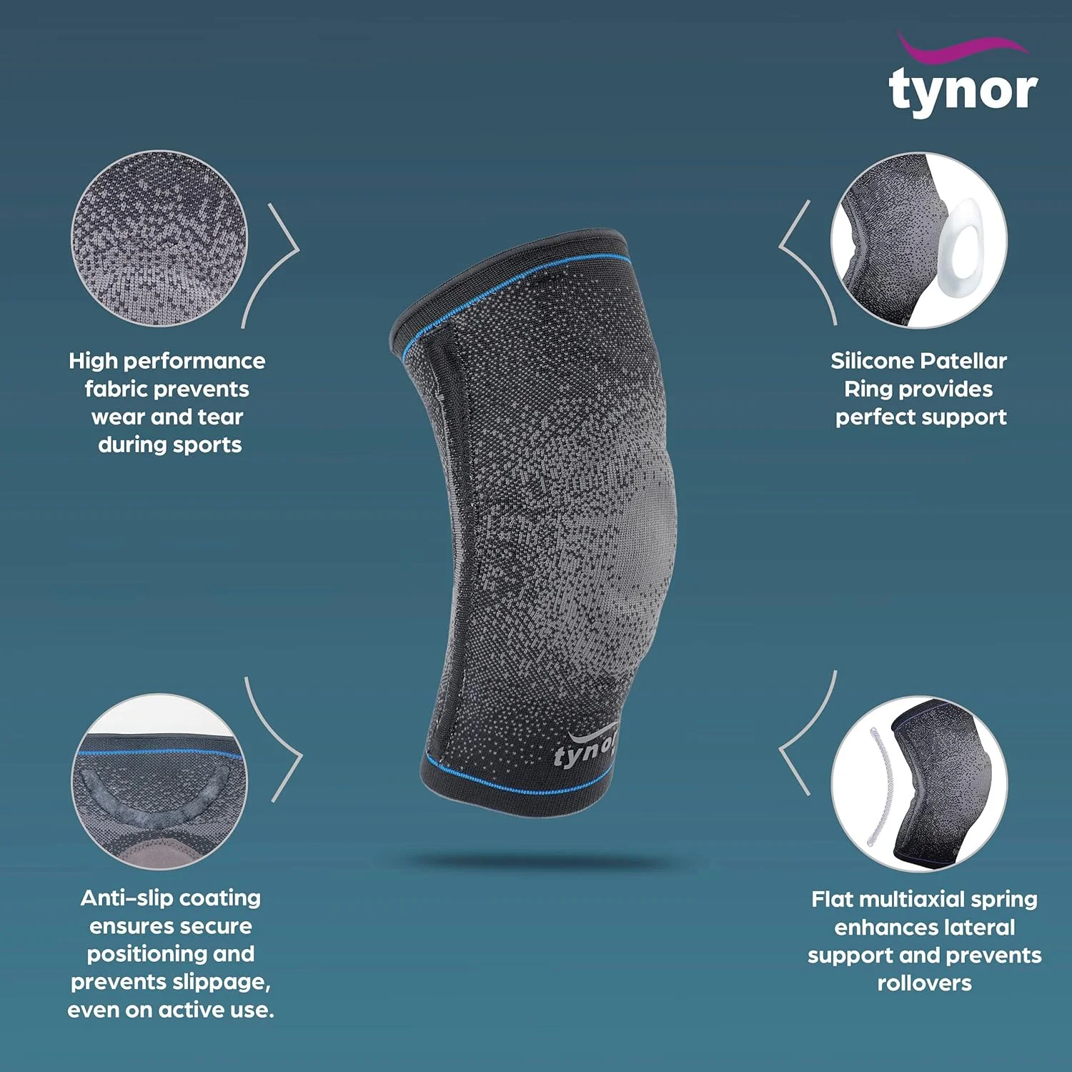 زانوبند طبی ورزشی Tynor Urbane، خاکستری، سایز متوسط، 1 عدد