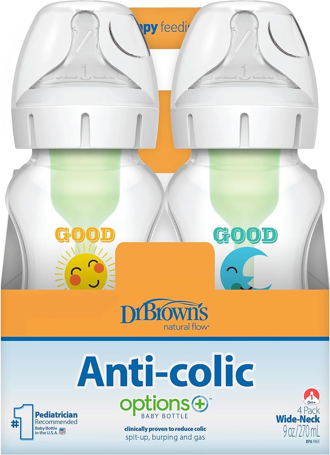 شیشه شیر ضد نفخ عریض دکتر براونز Natural Flow® Options+™، 270 میلی لیتر، با سرشیشه جریان آهسته سطح 1، بسته 4 عددی ست هدیه صبح بخیر/شب بخیر شیشه شیر ضد نفخ عریض دکتر براونز Natural Flow® Options+™، 270 میلی لیتر، با سرشیشه جریان آهسته سطح 1، بسته 4 عددی ست هدیه صبح بخیر/شب بخیر