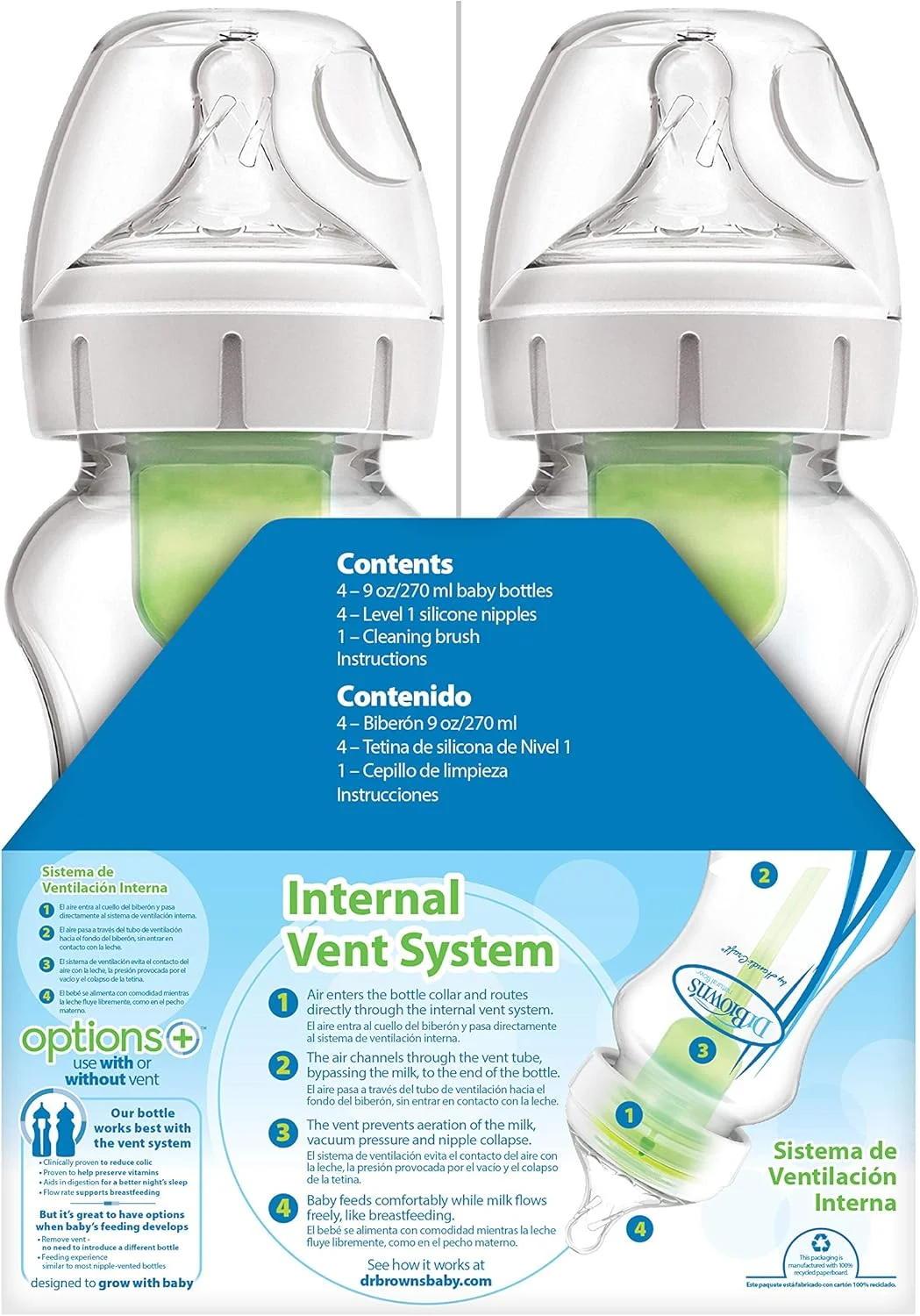 شیشه شیر ضد نفخ عریض دکتر براونز Natural Flow® Options+™، 270 میلی لیتر، با سرشیشه جریان آهسته سطح 1، بسته 4 عددی ست هدیه صبح بخیر/شب بخیر شیشه شیر ضد نفخ عریض دکتر براونز Natural Flow® Options+™، 270 میلی لیتر، با سرشیشه جریان آهسته سطح 1، بسته 4 عددی ست هدیه صبح بخیر/شب بخیر