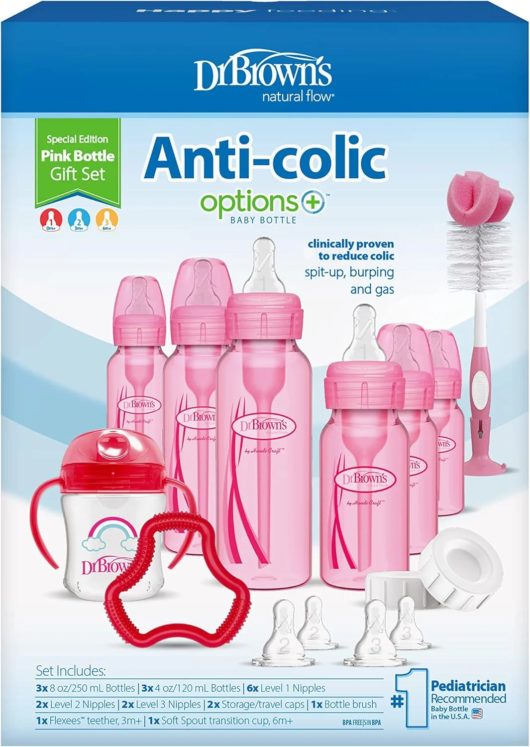 ست هدیه شیشه شیر ضد نفخ دکتر براون Natural Flow® Options+™ نسخه ویژه صورتی با لیوان آموزشی نیدار نرم، دندانگیر Flexees™، برس شیشه شور و درپوش مسافرتی ست هدیه شیشه شیر ضد نفخ دکتر براون Natural Flow® Options+™ نسخه ویژه صورتی با لیوان آموزشی نیدار نرم، دندانگیر Flexees™، برس شیشه شور و درپوش مسافرتی