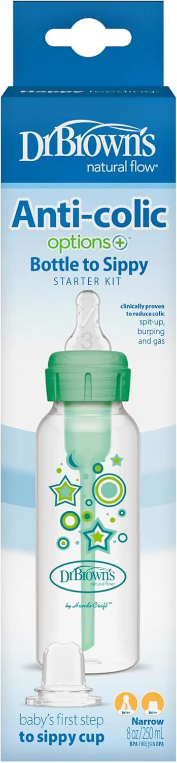 ست شروع بطری ضد نفخ و ضد کولیک آپشنز پلاس باریک دکتر براون، 250 میلی لیتر، با جریان متوسط-سریع سطح 3 و سرپوش نرم سیلیکونی 100%، سبز، 6 ماه به بالا