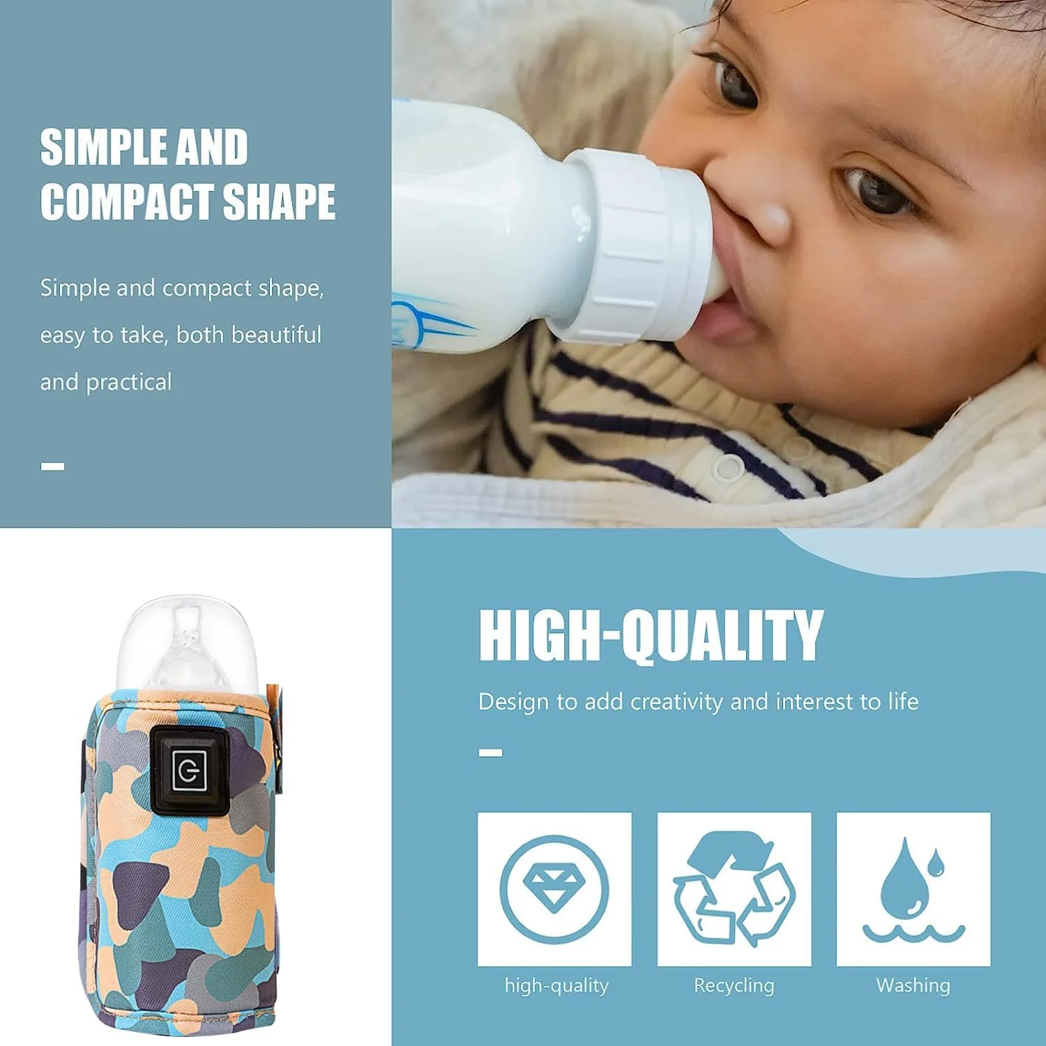 گرمکن شیشه شیر کودک Xspring با پوشش عایق، عایق شیشه شیر کودک USB قابل حمل، گرمکن شیشه شیر با قابلیت تنظیم دما در 3 حالت، گرمکن شیشه شیر مسافرتی برای داخل خانه، خارج از خانه، خرید و رانندگی (5 ولت، آبی)