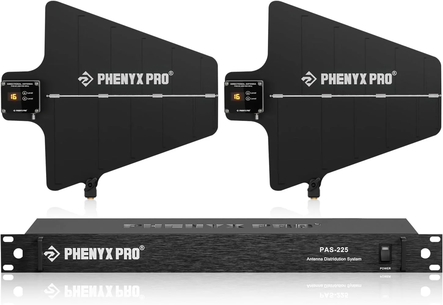 سیستم توزیع آنتن بی‌سیم UHF مدل Phenyx Pro PAS-225X، گیرنده‌های جهت‌دار فعال با 8 خروجی + 2 پورت آبشاری، پوشش طولانی 150 فوتی، آنتن میکروفون