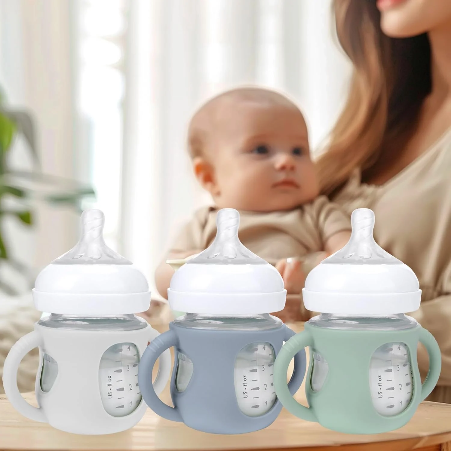 بسته 3 عددی روکش سیلیکونی برای شیشه شیرهای اونت - نگهدارنده ضد شکستگی شیشه شیر کودک با دسته برای شیشه شیرهای شیشه ای طبیعی اونت، سازگار با شیشه شیر کودک (240ml) (120ml)