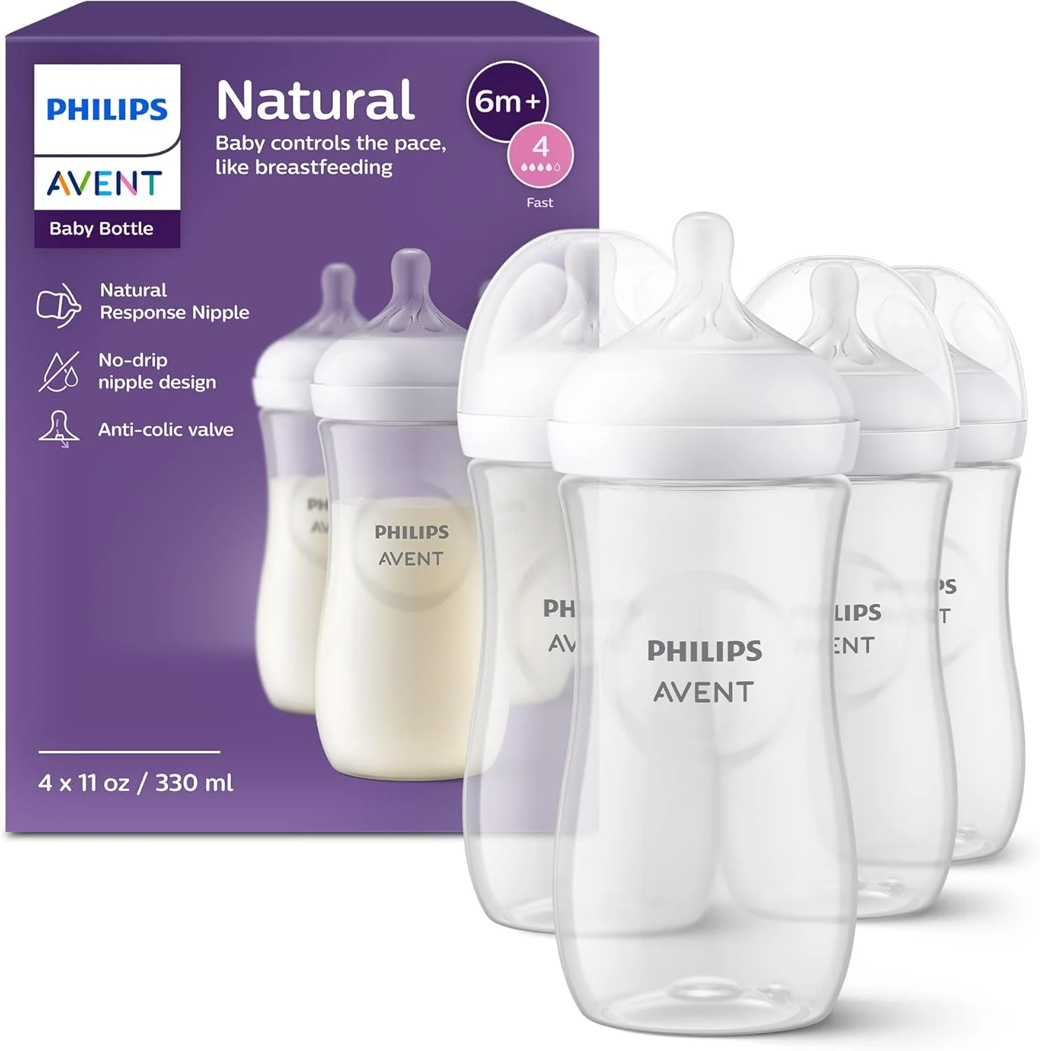 شیشه شیر نچرال کودک فیلیپس اونت با واکنش طبیعی، شفاف، 330 میلی لیتر، 4 عددی، SCY906/04 شیشه شیر نچرال کودک فیلیپس اونت با واکنش طبیعی، شفاف، 330 میلی لیتر، 4 عددی، SCY906/04