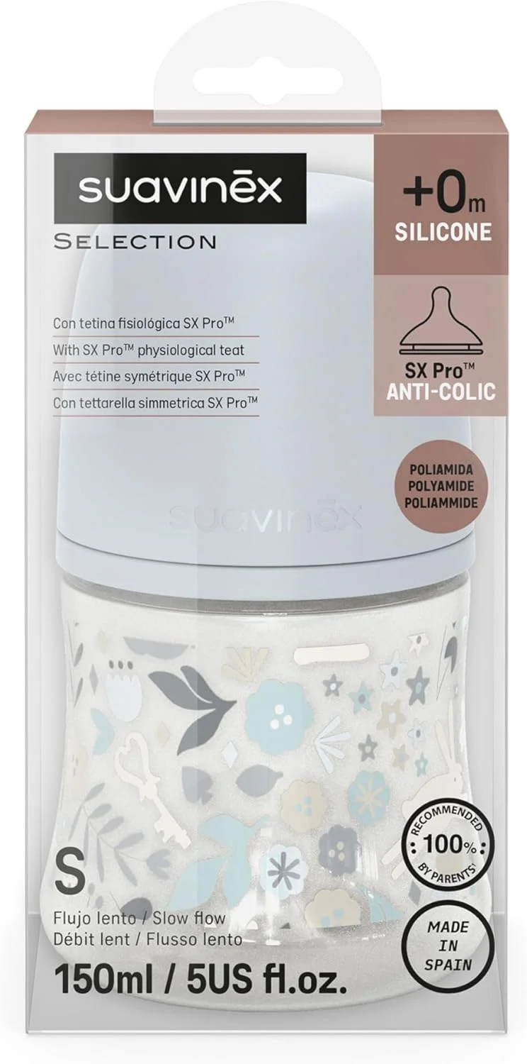 شیشه شیر پلی آمید سواوینکس با سرشیشه فیزیولوژیک جریان آهسته، شبیه ساز تجربه شیردهی طبیعی، 0+ ماه 150 میلی لیتر - آبی