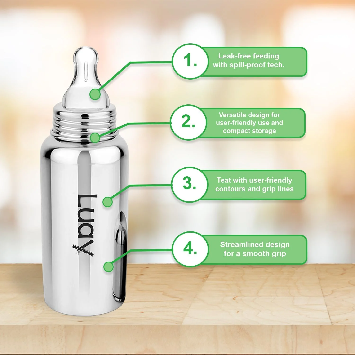 شیشه شیر استیل کودک Luay، بدون BPA، ضد نفخ، بدون پلاستیک، (250 میلی لیتر) بسته 2 عددی