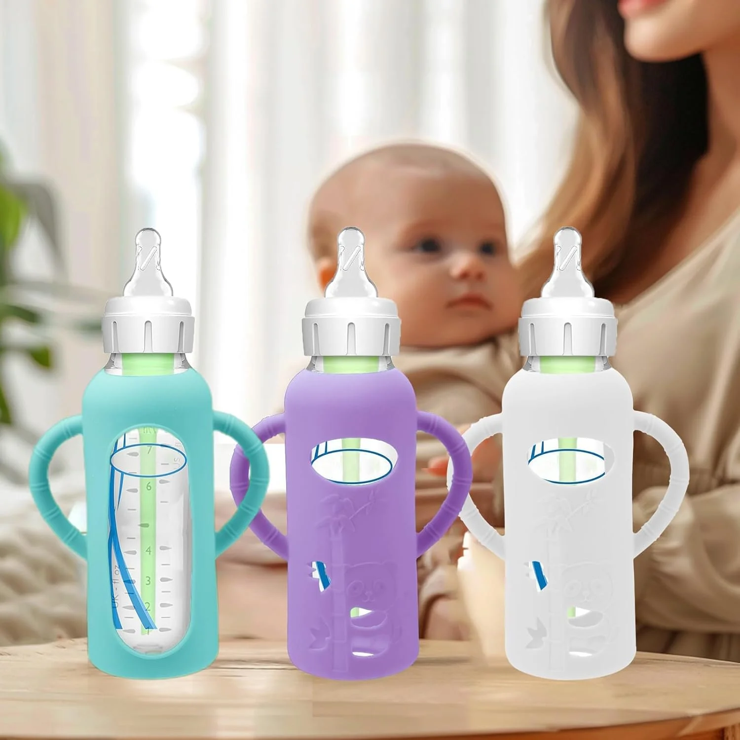 بسته 3 عددی روکش سیلیکونی برای شیشه شیرهای شیشه ای دکتر براون - روکش های محافظ شیشه شیر کودک در برابر افتادن، سازگار با شیشه شیرهای نوزاد دکتر براون، دارای دسته های سیلیکونی (240 میلی لیتر)