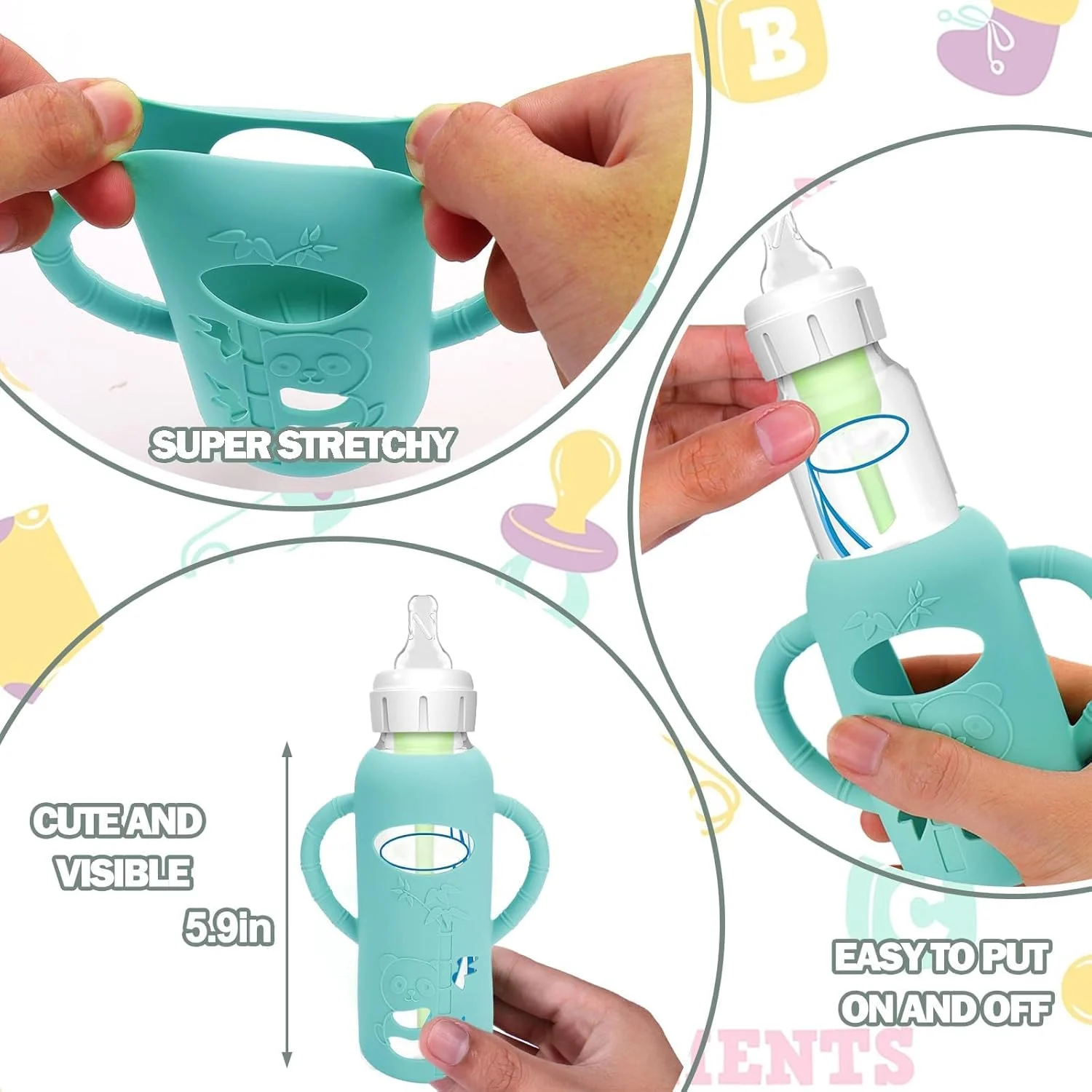 بسته 3 عددی روکش سیلیکونی برای شیشه شیرهای شیشه ای دکتر براون - روکش های محافظ شیشه شیر کودک در برابر افتادن، سازگار با شیشه شیرهای نوزاد دکتر براون، دارای دسته های سیلیکونی (240 میلی لیتر)