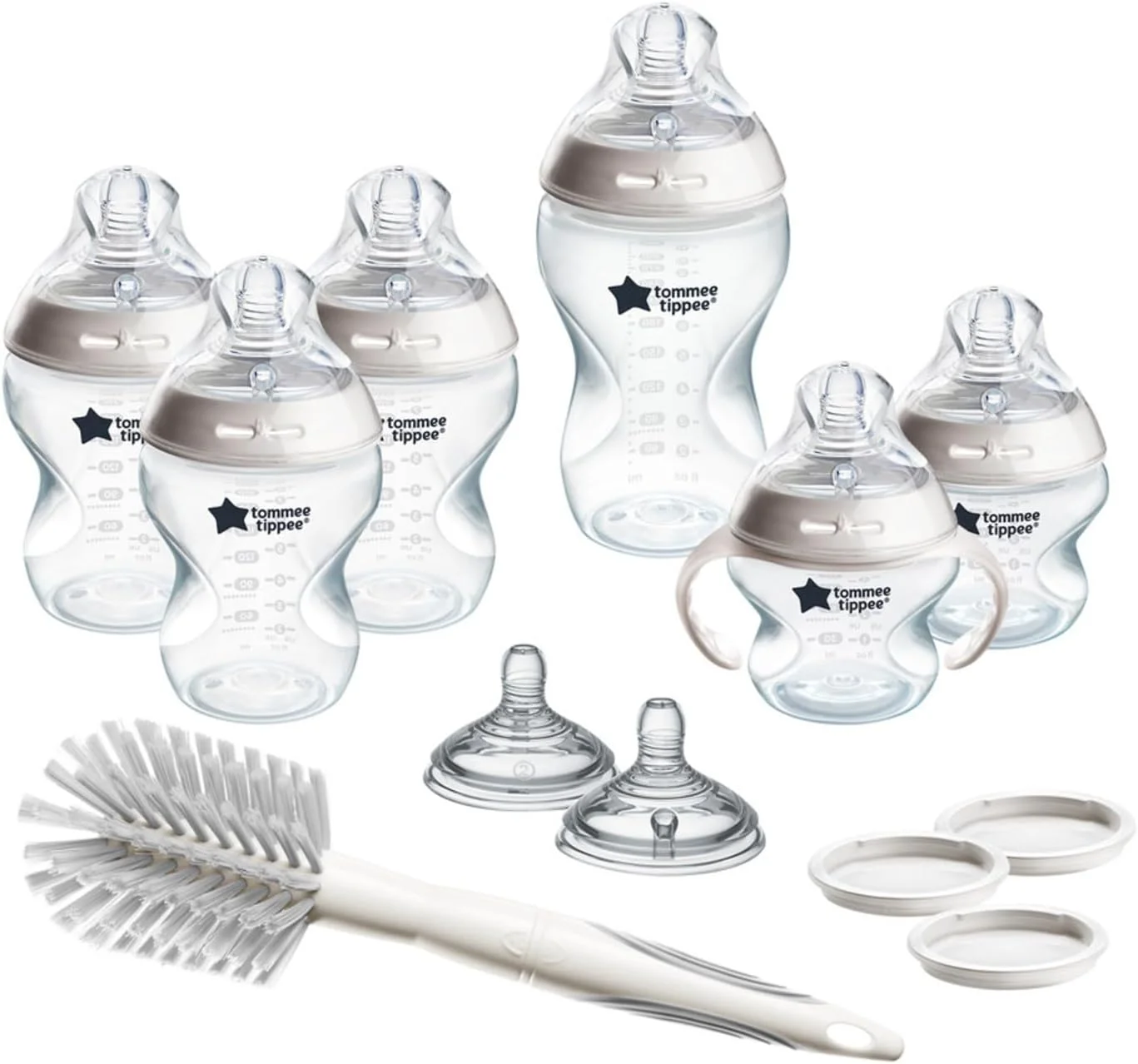 ست شیشه شیر تامی تیپی Natural Start Grow with Baby، 150، 260 و 330 میلی لیتر، جریان آهسته، متوسط و غلیظ، دسته های شیشه شیر قابل جدا شدن، خود استریل شونده