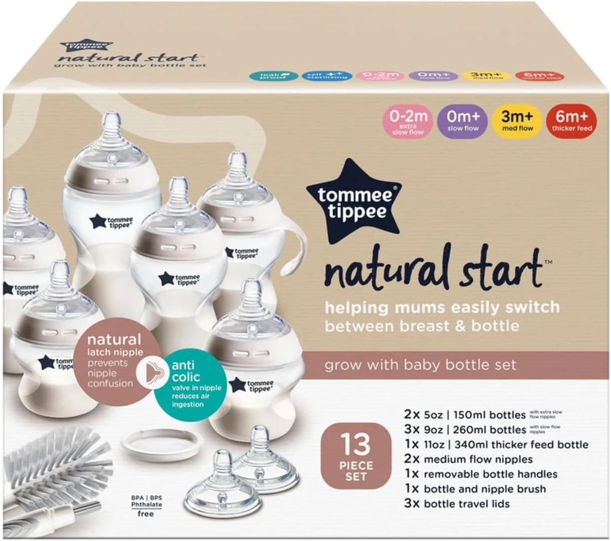 ست شیشه شیر تامی تیپی Natural Start Grow with Baby، 150، 260 و 330 میلی لیتر، جریان آهسته، متوسط و غلیظ، دسته های شیشه شیر قابل جدا شدن، خود استریل شونده ست شیشه شیر تامی تیپی Natural Start Grow with Baby، 150، 260 و 330 میلی لیتر، جریان آهسته، متوسط و غلیظ، دسته های شیشه شیر قابل جدا شدن، خود استریل شونده
