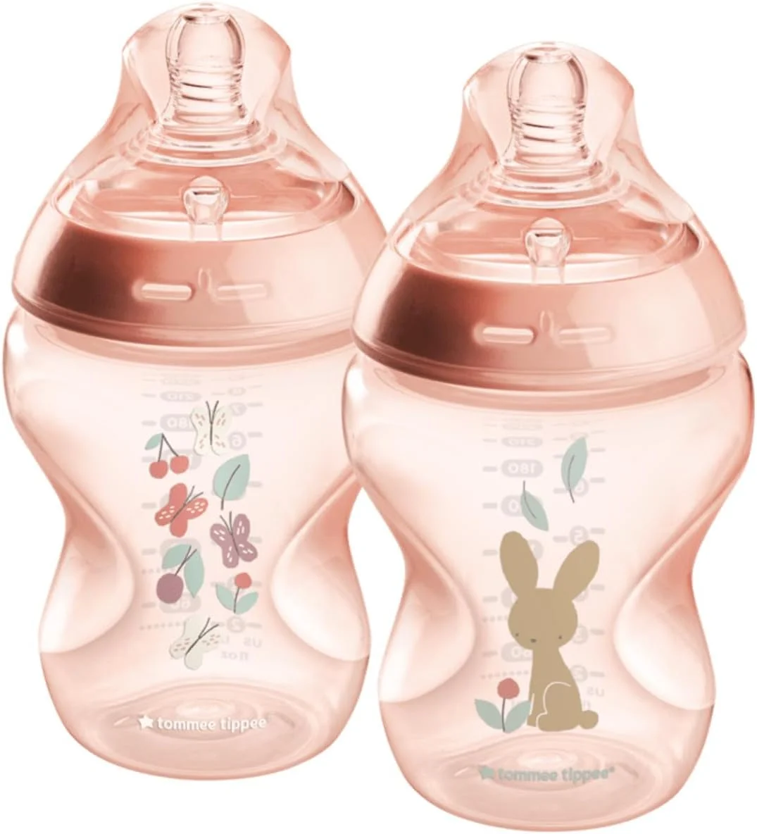 شیشه شیر ضد کولیک تامی تیپی Natural Start، فاقد BPA، 9oz، مناسب نوزادان 0+ ماه، جریان آهسته شبیه سینه مادر، طراحی شده برای انتقال آسان بین شیشه و سینه، صورتی، بسته 2 عددی