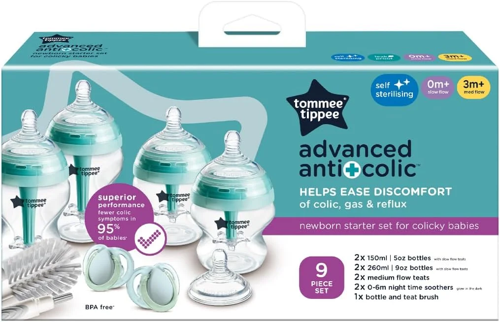 ست شروع ضد قولنج پیشرفته تامی تیپی برای نوزادان مبتلا به قولنج، بطری های شیر 150 و 260 میلی لیتری، 2 عدد سرشیشه جریان متوسط شبیه سینه مادر، میله ضد قولنج دارای تهویه ست شروع ضد قولنج پیشرفته تامی تیپی برای نوزادان مبتلا به قولنج، بطری های شیر 150 و 260 میلی لیتری، 2 عدد سرشیشه جریان متوسط شبیه سینه مادر، میله ضد قولنج دارای تهویه