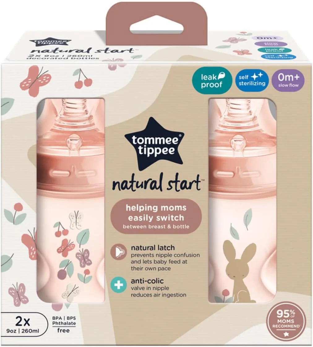 شیشه شیر ضد کولیک تامی تیپی Natural Start، فاقد BPA، 9oz، مناسب نوزادان 0+ ماه، جریان آهسته شبیه سینه مادر، طراحی شده برای انتقال آسان بین شیشه و سینه، صورتی، بسته 2 عددی شیشه شیر ضد کولیک تامی تیپی Natural Start، فاقد BPA، 9oz، مناسب نوزادان 0+ ماه، جریان آهسته شبیه سینه مادر، طراحی شده برای انتقال آسان بین شیشه و سینه، صورتی، بسته 2 عددی