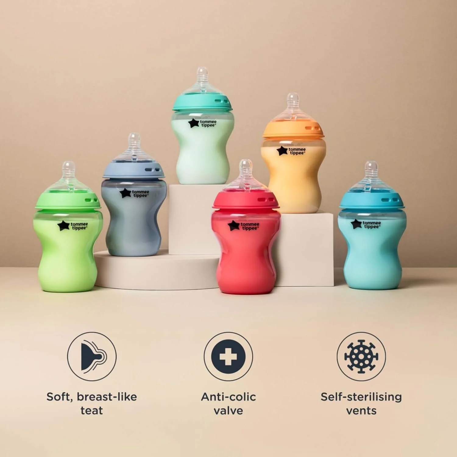 شیشه شیر ضد کولیک تامی تیپی Natural Start، 260 میلی لیتر، 0+ ماه، دارای دریچه ضد کولیک، سرشیشه جریان آهسته شبیه سینه مادر برای چفت شدن طبیعی، خود استریل شونده، رنگارنگ، بسته 6 عددی شیشه شیر ضد کولیک تامی تیپی Natural Start، 260 میلی لیتر، 0+ ماه، دارای دریچه ضد کولیک، سرشیشه جریان آهسته شبیه سینه مادر برای چفت شدن طبیعی، خود استریل شونده، رنگارنگ، بسته 6 عددی