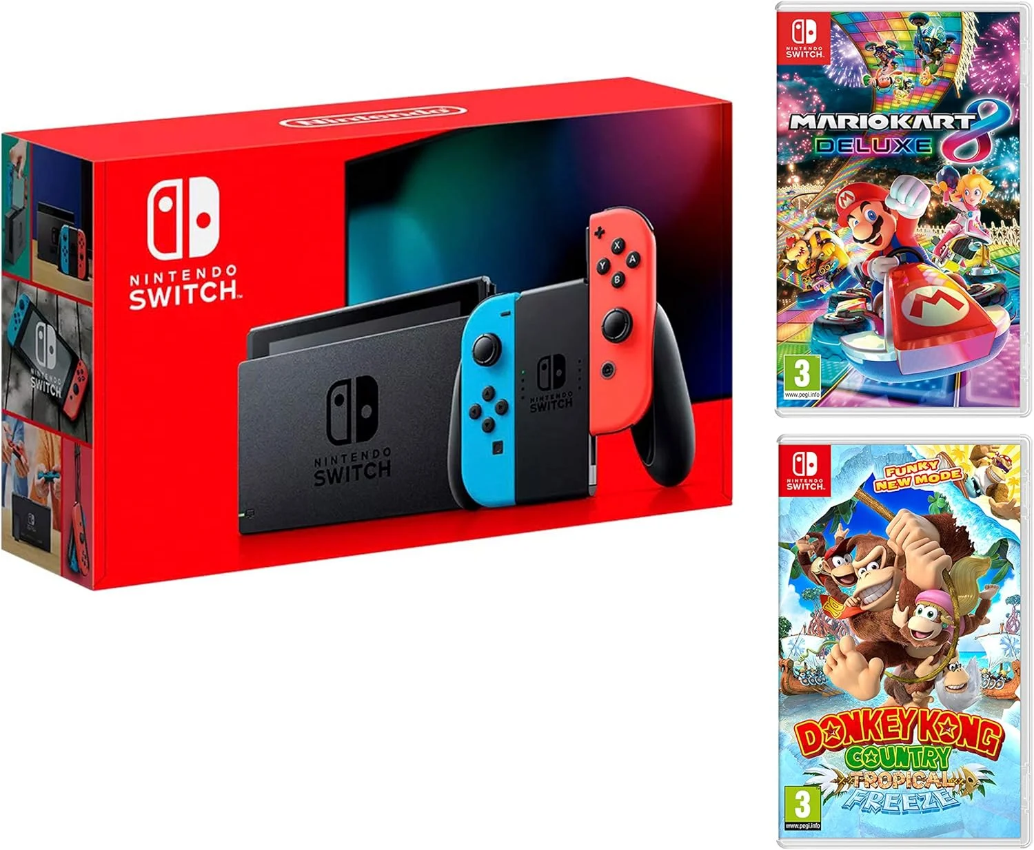 بسته نینتندو سوییچ نئون قرمز/آبی 32 گیگابایتی + Mario Kart 8 Deluxe + Donkey Kong: Tropical Freeze