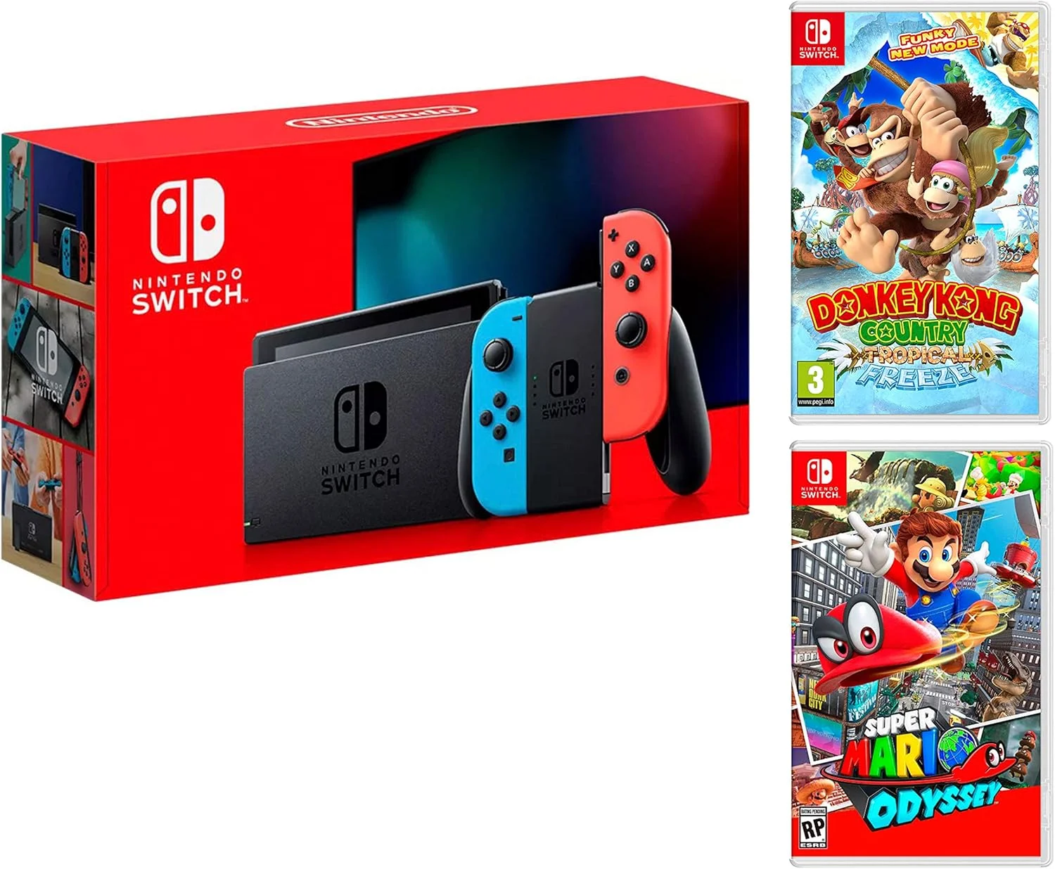 بسته نینتندو سوییچ نئون قرمز/آبی 32 گیگابایتی + Super Mario Odyssey + Donkey Kong: Tropical Freeze