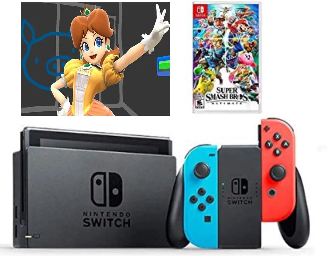 کنسول بازی نینتندو سوییچ 32 گیگابایت - قرمز نئون و آبی و بازی Super Smash Bros Ultimates