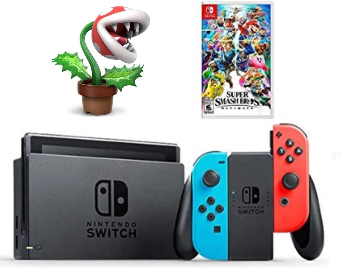 کنسول بازی نینتندو سوییچ 32 گیگابایت - قرمز نئون و آبی و بازی Super Smash Bros Ultimates