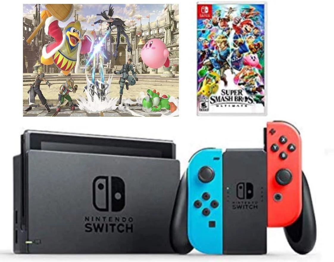 کنسول بازی نینتندو سوییچ 32 گیگابایت - قرمز نئون و آبی و بازی Super Smash Bros Ultimates