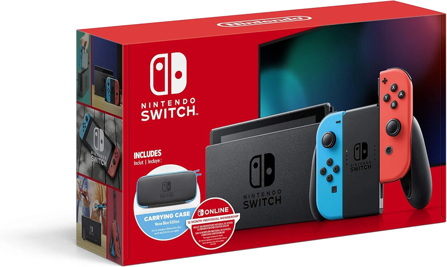 کنسول نینتندو سوییچ با Joy-Con های آبی نئون و قرمز نئون - صفحه نمایش LCD لمسی 6.2 اینچی، پردازنده NVIDIA Custom Tegra، 32 گیگابایت حافظه داخلی - آبی و قرمز - کیف حمل