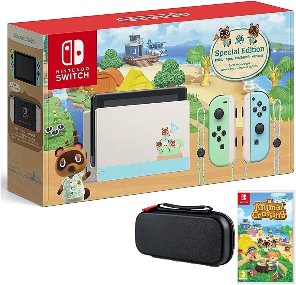 باندل نینتندو سوییچ به همراه بازی و کیف: کنسول 32 گیگابایتی نینتندو سوییچ نسخه Animal Crossing New Horizons، بازی Animal Crossing New Horizons، کیف مسافرتی Tigology