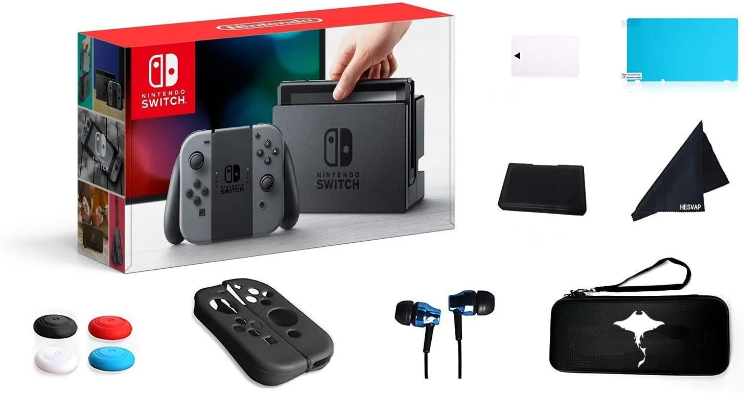 کنسول بازی نینتندو سوییچ 32 گیگابایت با جوی-کان و کیت سوپر 13 در 1 به ارزش 69 دلار شامل کیف، هدفون، محافظ LCD، جعبه کارت، کاور سیلیکونی (2 عدد)، کیف حمل، دستمال و غیره (خاکستری)