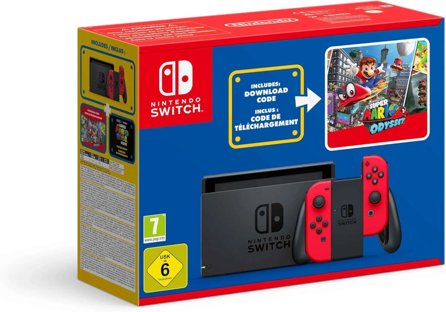 نینتندو سوییچ (قرمز) + کد دانلود Super Mario Odyssey + استیکرهای فیلم Super Mario Bros.