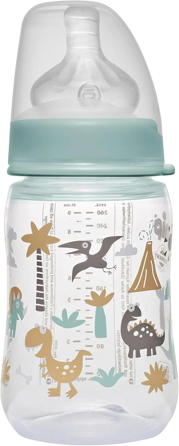 شیشه شیر دهانه گشاد نیپ، شیشه شیر کودک - 260 میلی لیتر، بدون BPA، سرشیشه سیلیکونی نرم با جریان متوسط شبیه سینه مادر، مناسب برای دختر و پسر، تمیز کردن آسان، شیشه شیر برای نوزادان و کودکان نوپا، ساخت آلمان، طرح دینو