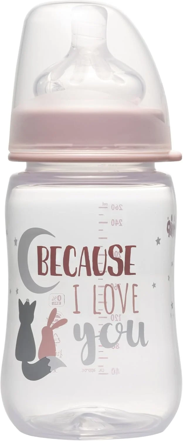 شیشه شیر دهانه گشاد نیپ، شیشه شیر کودک - 260 میلی لیتر، بدون BPA، سرشیشه سیلیکونی نرم با جریان متوسط شبیه سینه مادر، دخترانه، تمیز کردن آسان، شیشه شیر برای نوزادان و کودکان نوپا، ساخت آلمان