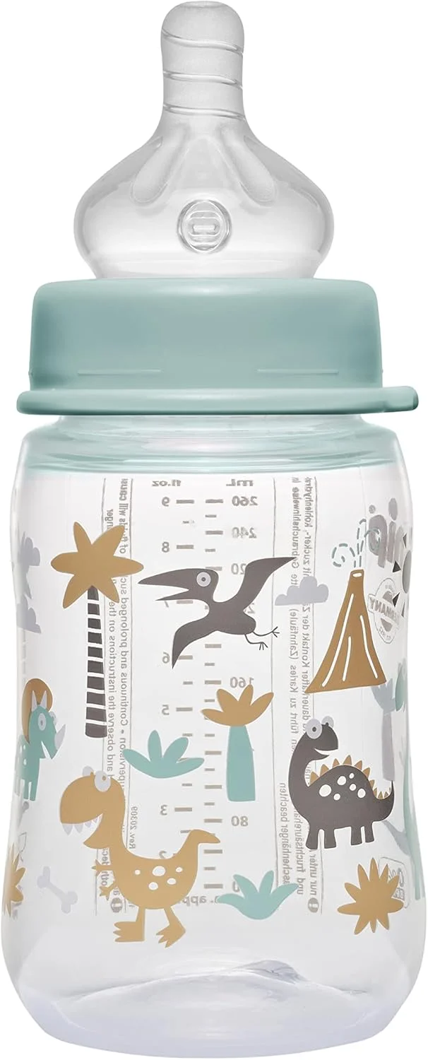 شیشه شیر دهانه گشاد نیپ، شیشه شیر کودک - 260 میلی لیتر، بدون BPA، سرشیشه سیلیکونی نرم با جریان متوسط شبیه سینه مادر، مناسب برای دختر و پسر، تمیز کردن آسان، شیشه شیر برای نوزادان و کودکان نوپا، ساخت آلمان، طرح دینو