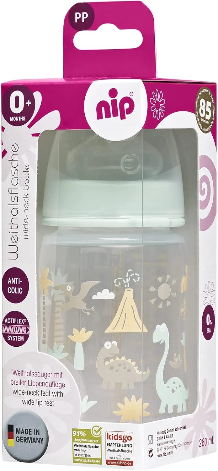 شیشه شیر دهانه گشاد نیپ، شیشه شیر کودک - 260 میلی لیتر، بدون BPA، سرشیشه سیلیکونی نرم با جریان متوسط شبیه سینه مادر، مناسب برای دختر و پسر، تمیز کردن آسان، شیشه شیر برای نوزادان و کودکان نوپا، ساخت آلمان، طرح دینو