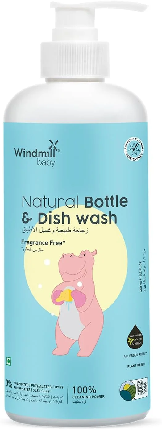 مایع پاک کننده شیشه شیر کودک Windmill baby، ضد حساسیت، طبیعی، بدون عطر، دارای گواهی USDA، برای سرشیشه، شیشه شیر، قطعات پمپ و موارد دیگر - 450 میلی لیتر